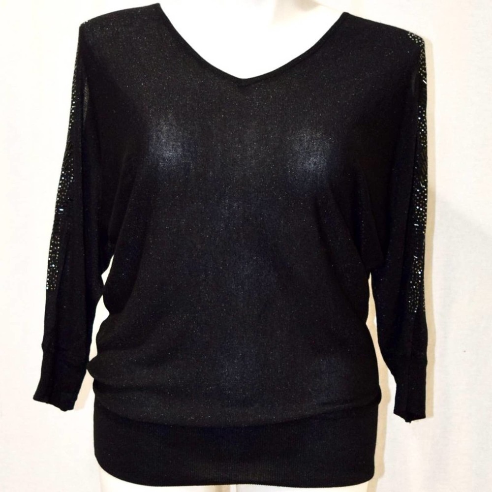 Roz & Ali - Black V neck fine knit cold shoulder sequin. & studs sweater Large